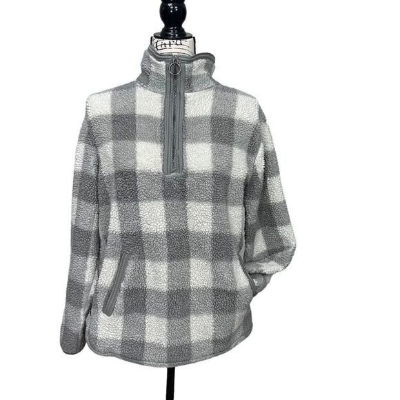 Cozy Sherpa Tops - Cozy Sherpa Quarter-Zip Jacket Women's Medium Ivory Grey Gingham Plaid Pullover